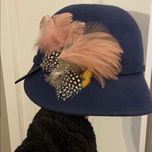 Anthropologie Madison 88 Blue Hat Pink and Yellow Feathers Cloche Style